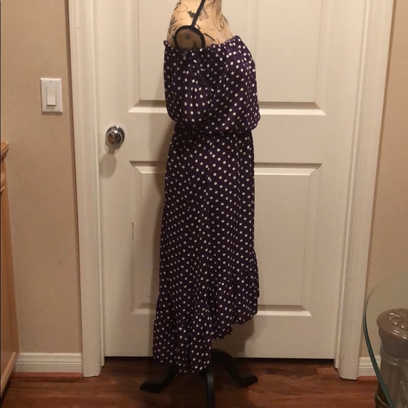 Purple and white polka dot off shoulder dress - Picture 6 of 7